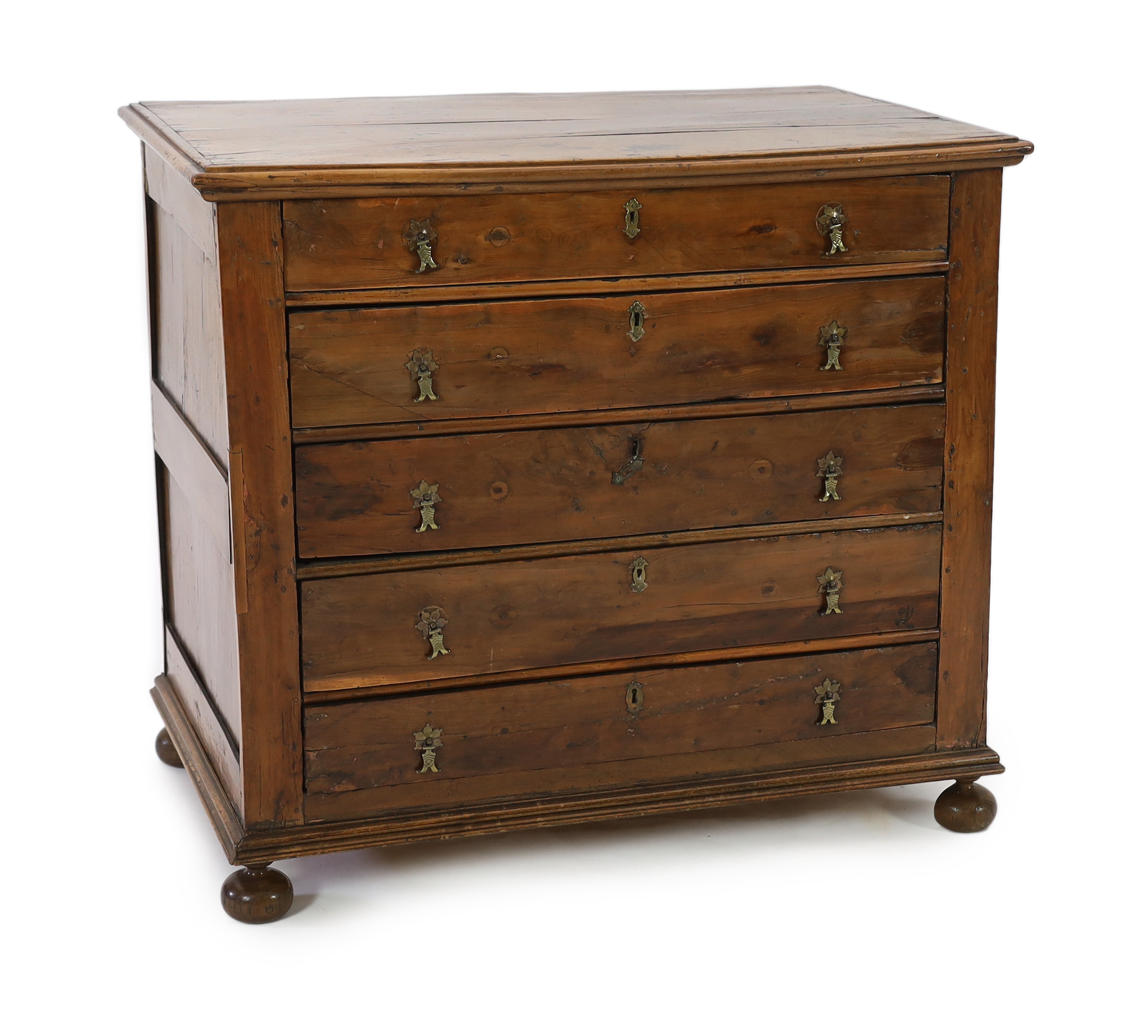 A William and Mary yew and fruitwood chest, c.1690, width 94cm, depth 56cm, height 83cm